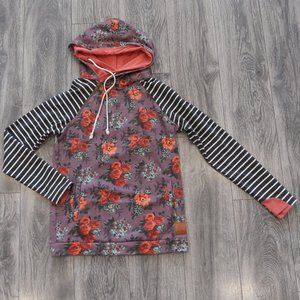 #3 - EUC Ampersand Avenue Double Hoodie Sweatshirt Floral/Stipes Grey & Purple